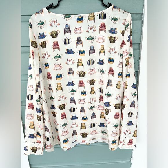 Talbots teacup teapot blouse quirky unique royal tea tea party blouse fun office - Picture 6 of 8